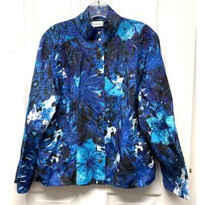 Chico’s Jacket Blue Abstract Floral Coat Women’s Size L Snap Front Rayon